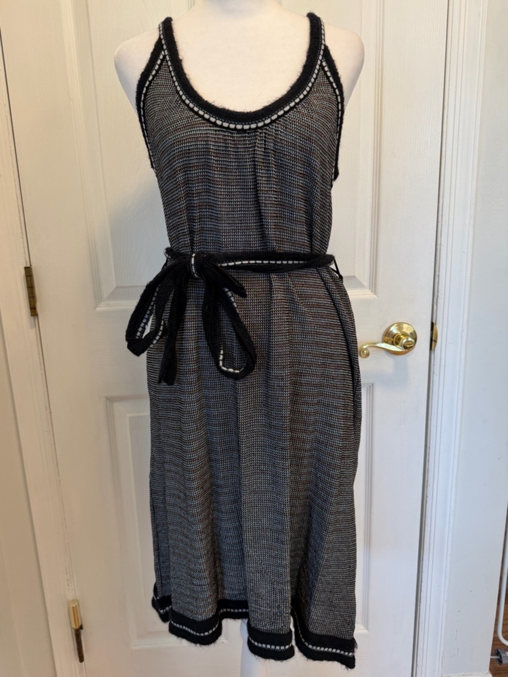 M Missoni Belted Textured Knit Dress Black Beige Sleeveless Midi Medium
